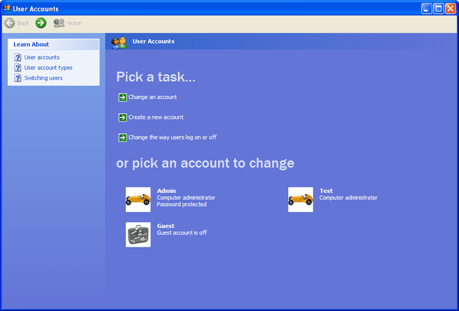 Windows XP User Accounts area of Control Panel