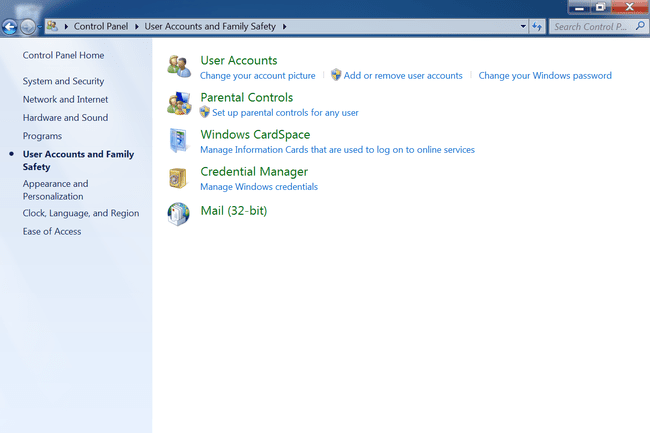 Windows 7 User Accounts and Family Safety screen in Control Panel