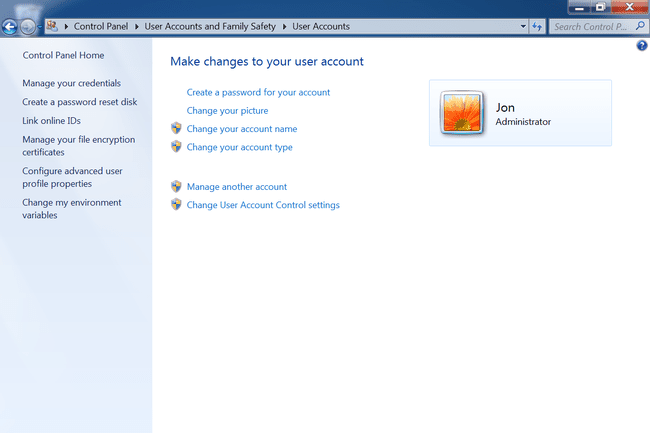 Windows 7 User Accounts screen in Control Panel