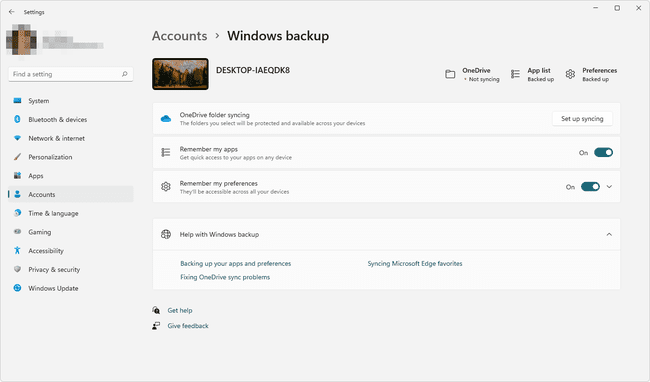 Windows backup settings for Windows 11