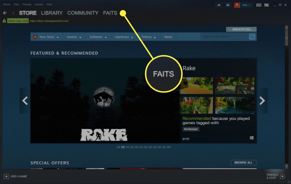 The username menu on Steam