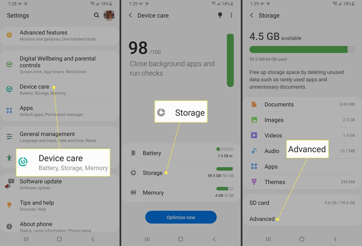 Navigating to advanced storage settings on Android.