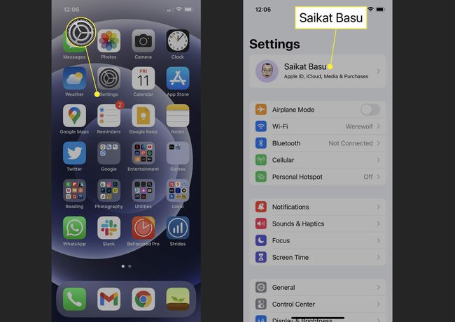 Settings app on iPhone Homescreen and Apple ID in iPhone settings