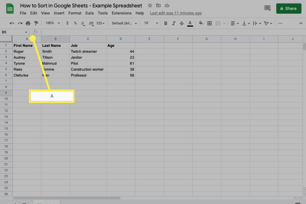 Column A highlighted in Google Sheets