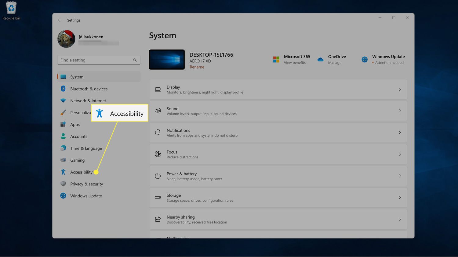 Accessibility highlighted in Windows Settings.