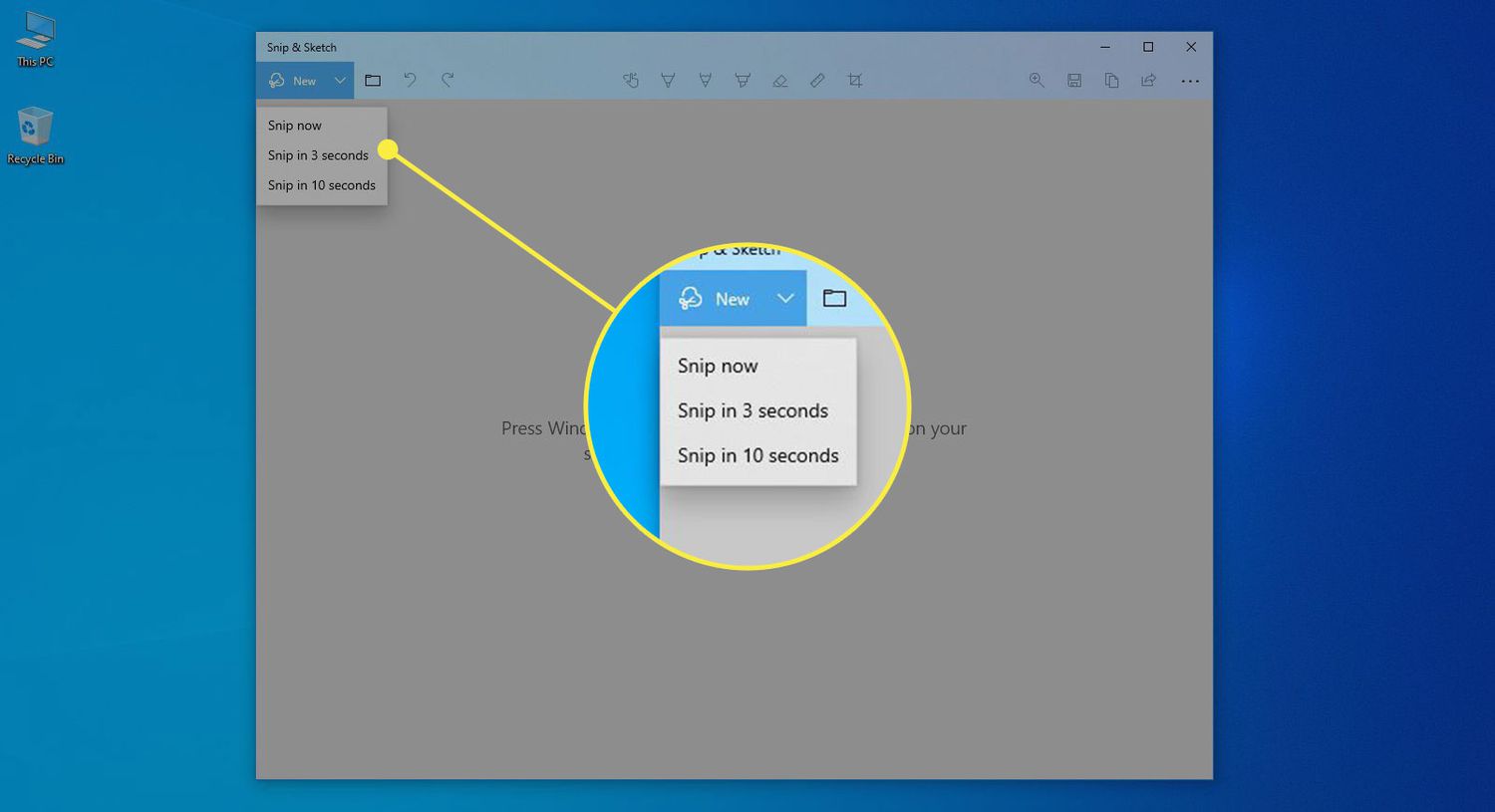 The options in Snip & Sketch