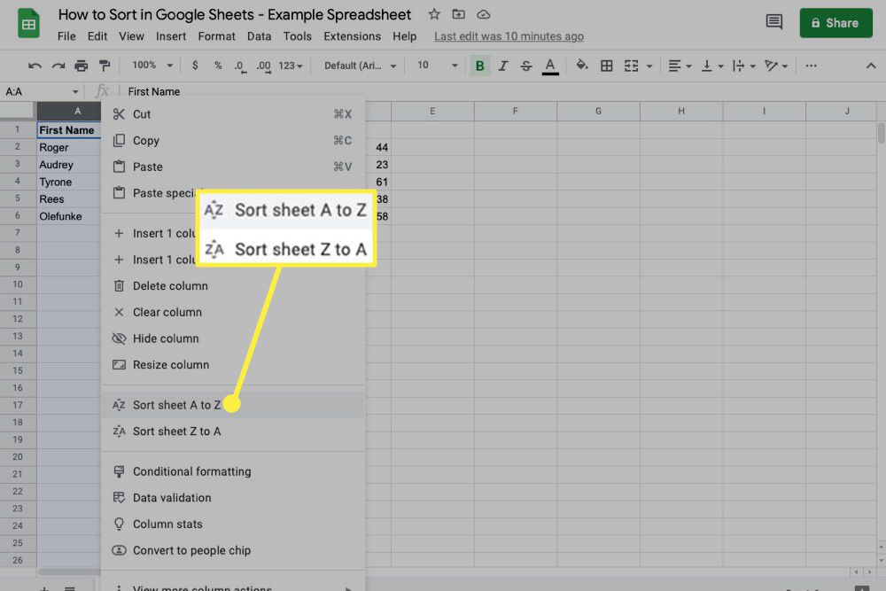 Sort from A to Z options highlighted in Google Sheets