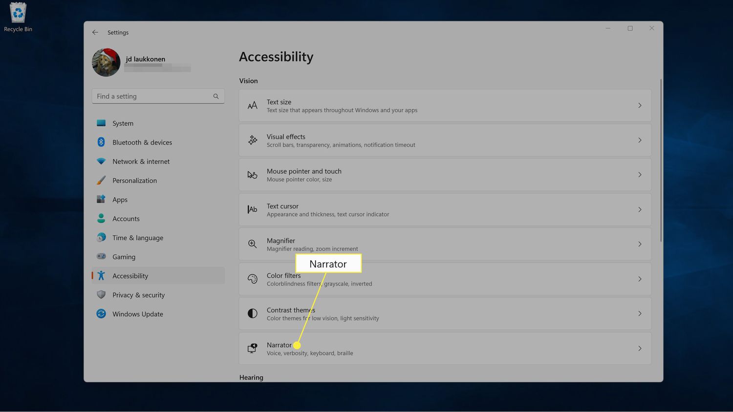 Narrator highlighted in Windows 11 Accessibility settings