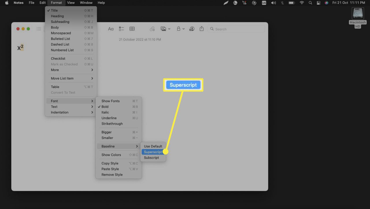 Superscript highlighted in macOS Format menu