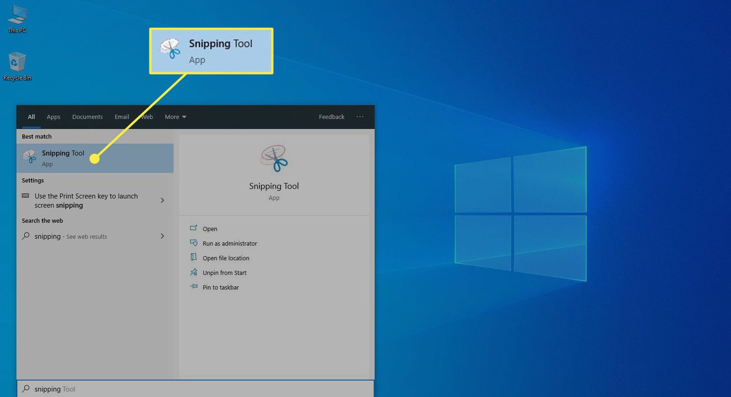 Snipping Tool in Windows 10 search