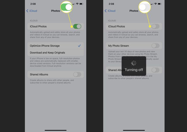 Toggle switch for iCloud Photos On and Off