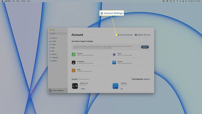 Account Settings highlighted in the App Store on a Mac.