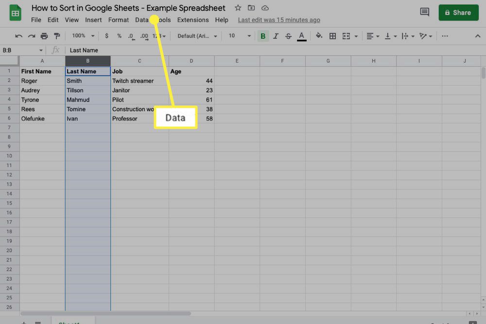 Data highlighted in the Google Sheets toolbar