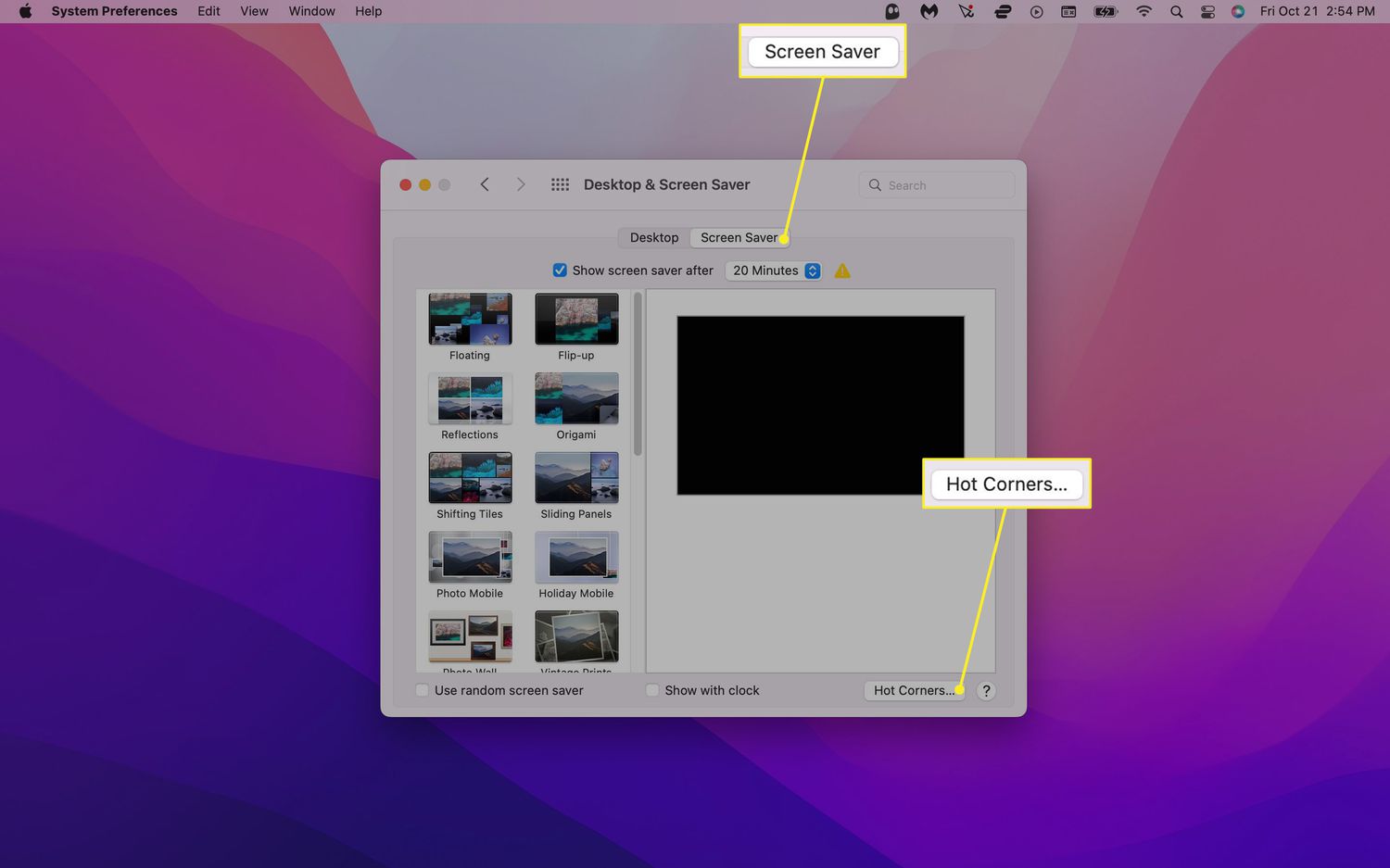 Screen Saver tab and Hot Corners button highlighted in Desktop & Screen Saver menu on Mac