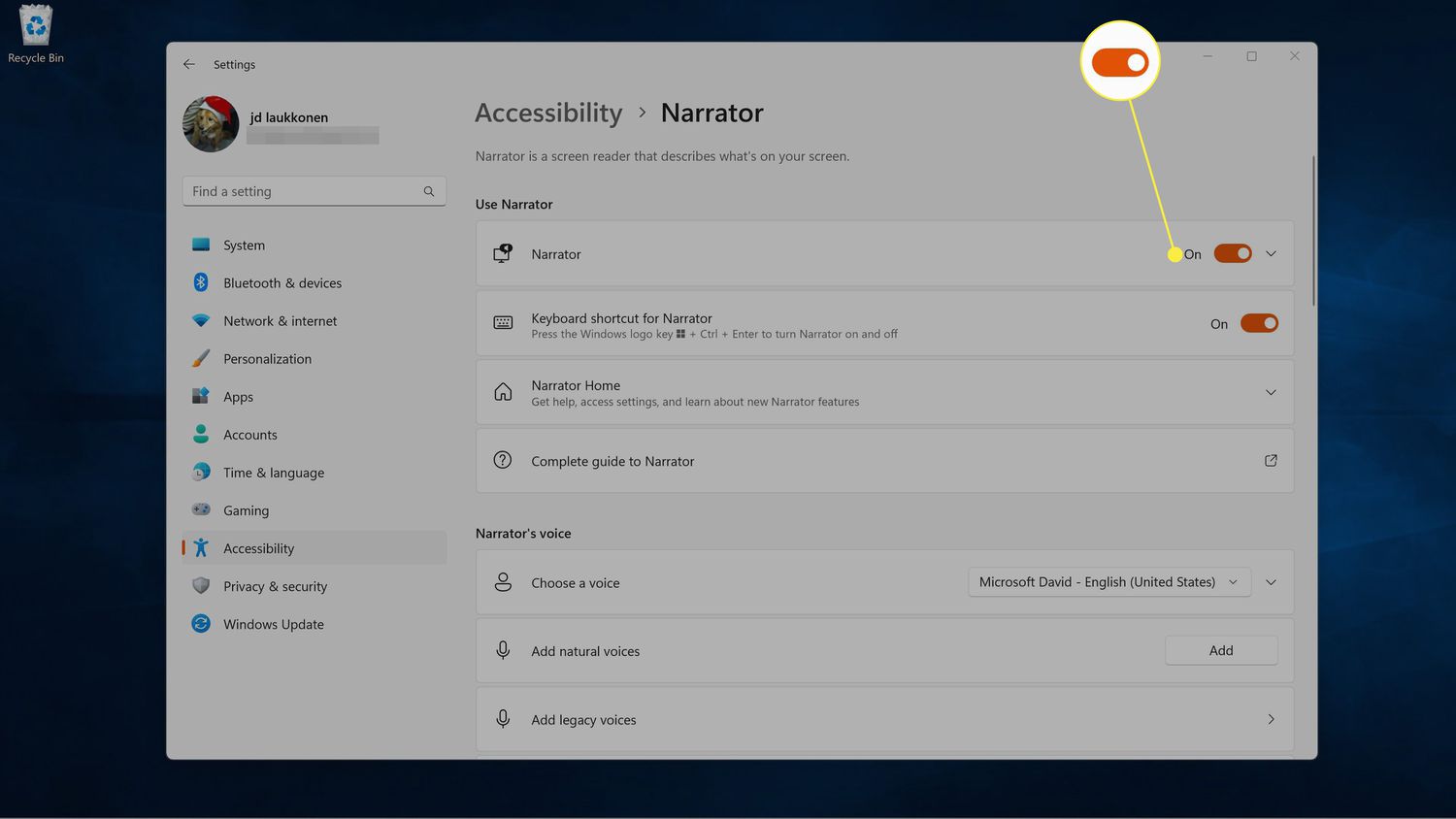 The Narrator toggle highlighted in Windows Narrator settings.