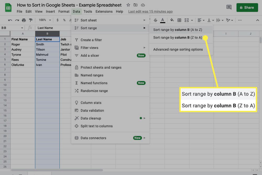 Sort range by column B highlighted in Google Sheets