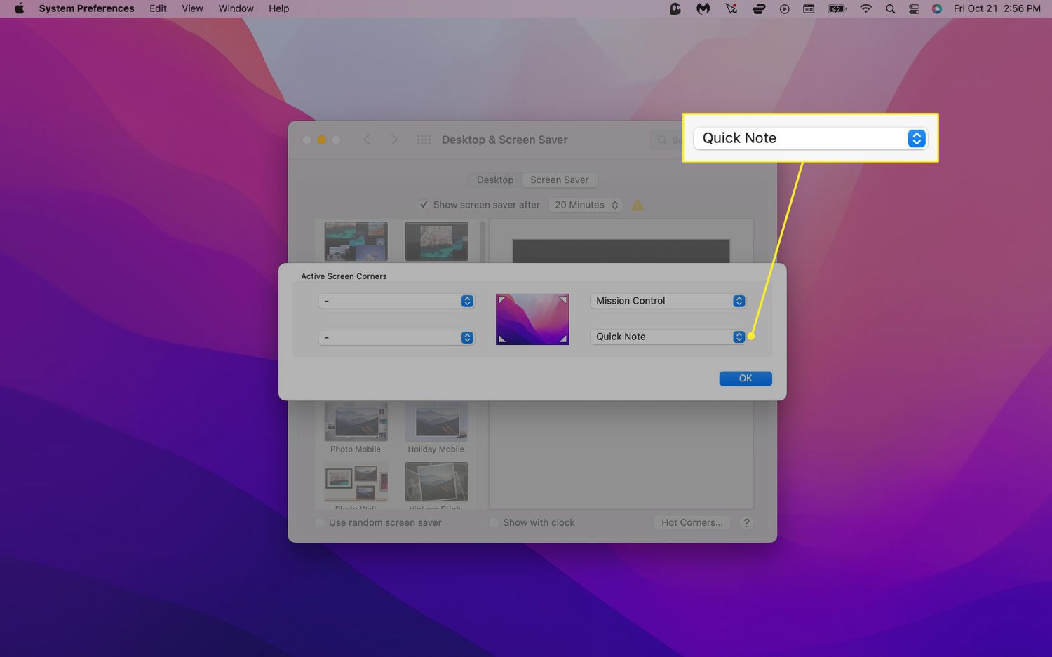 Quick Note hot corner highlighted in Mac settings