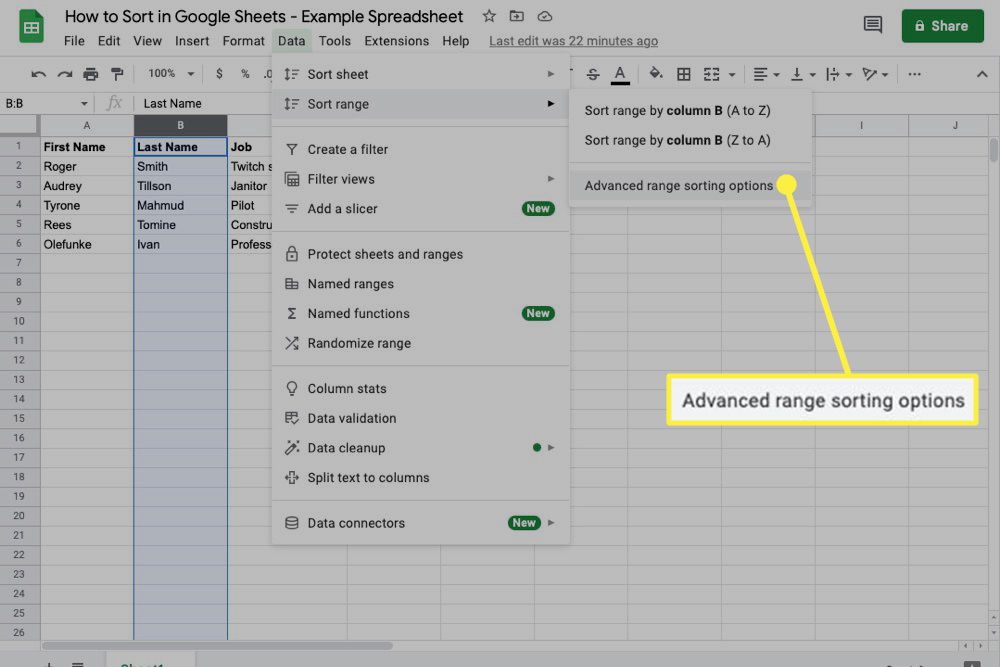 Advanced Range Sorting Options highlighted in Google Sheets