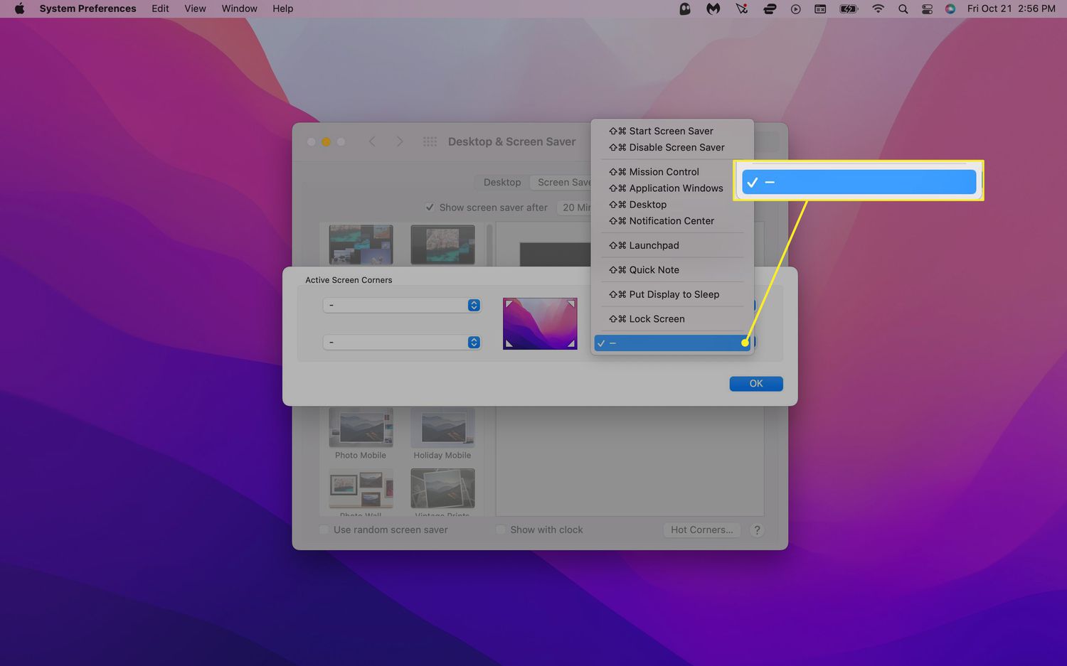 Blank (â) highlighted in the bottom-right hot corner functionality on Mac.