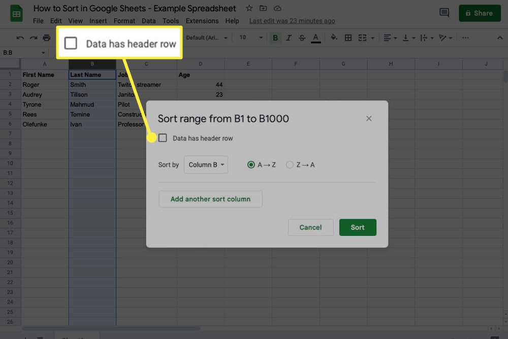 Data has header row checkbox highlighted in Google Sheets