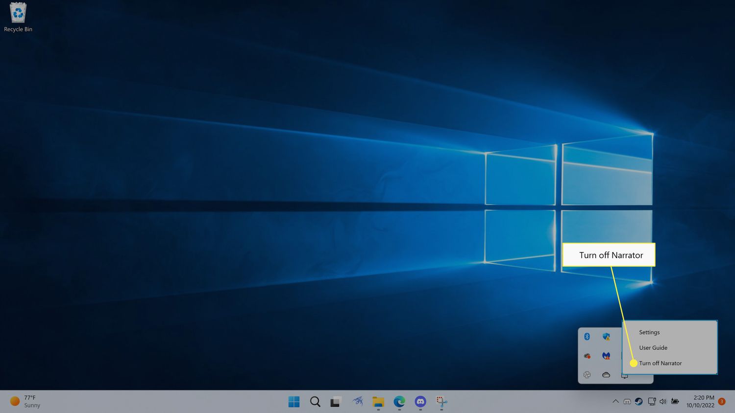 Turn off Narrator highlighted in a context box in the system tray.