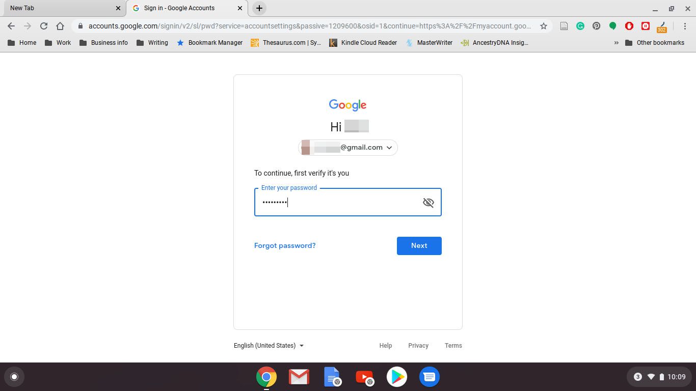 Entering password to verify account in Google Chrome for Chromebook.