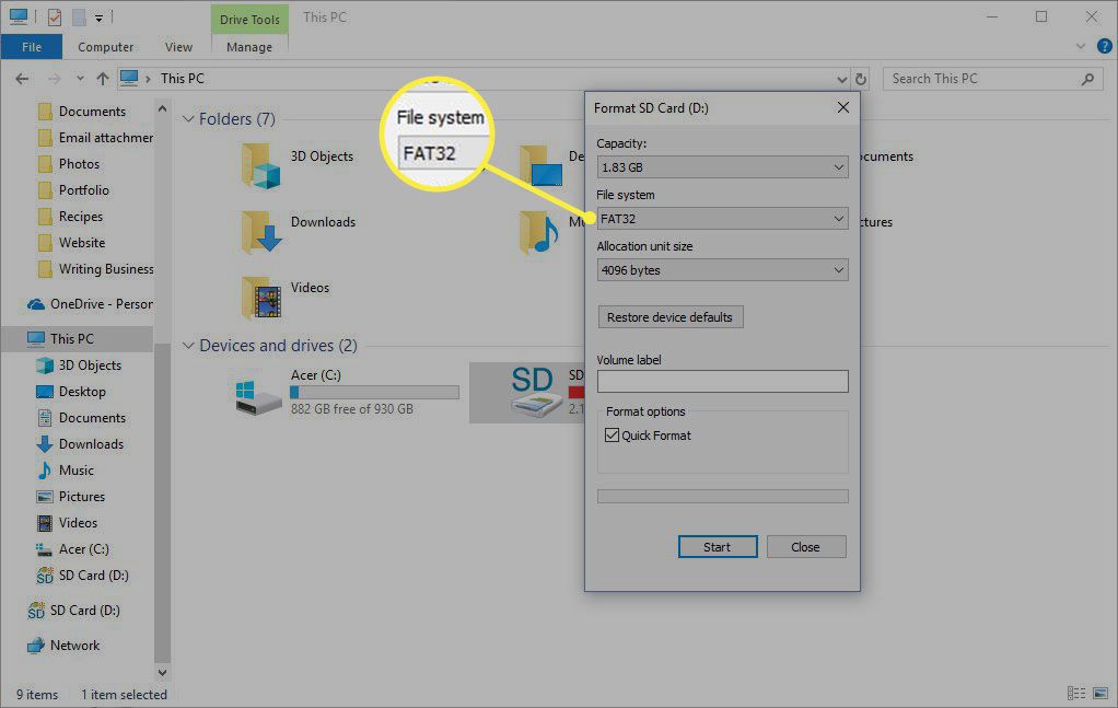 format options for an SD card using Windows