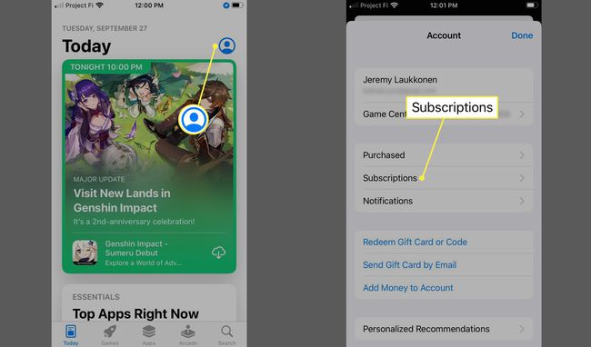 Profile icon and Subscriptions highlighted in App Store Account Settings on iOS