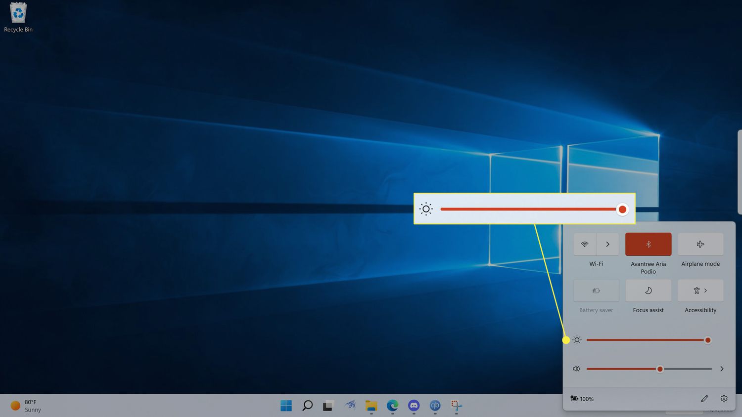 The brightness slider in Windows Quick Settings.