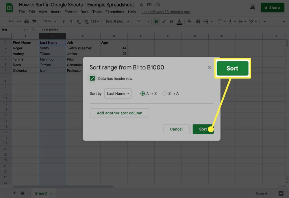 Sort button highlighted in Google Sheets