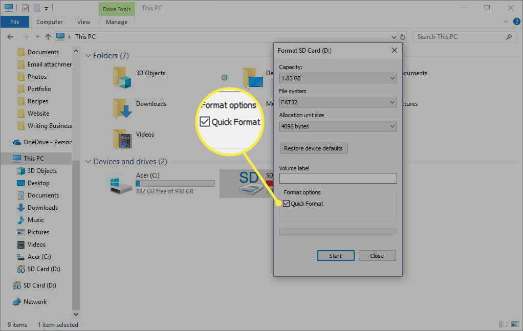 Selecting Quick Format.