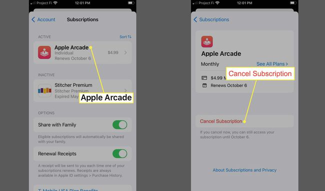 Apple Arcade and Cancel Subscription highlighted in App Store Subscriptions on iOS