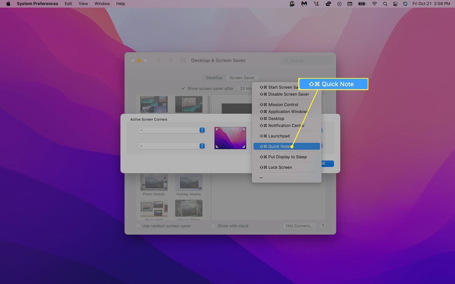 Quick Note highlighted in Mac hot corner settings