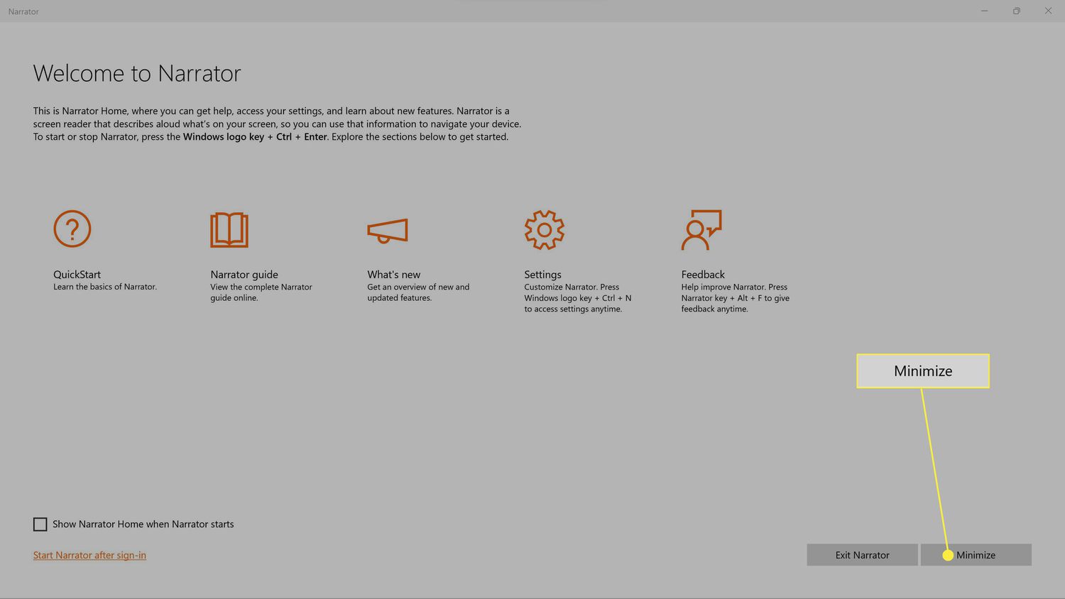 Minimize highlighted in Narrator Home.
