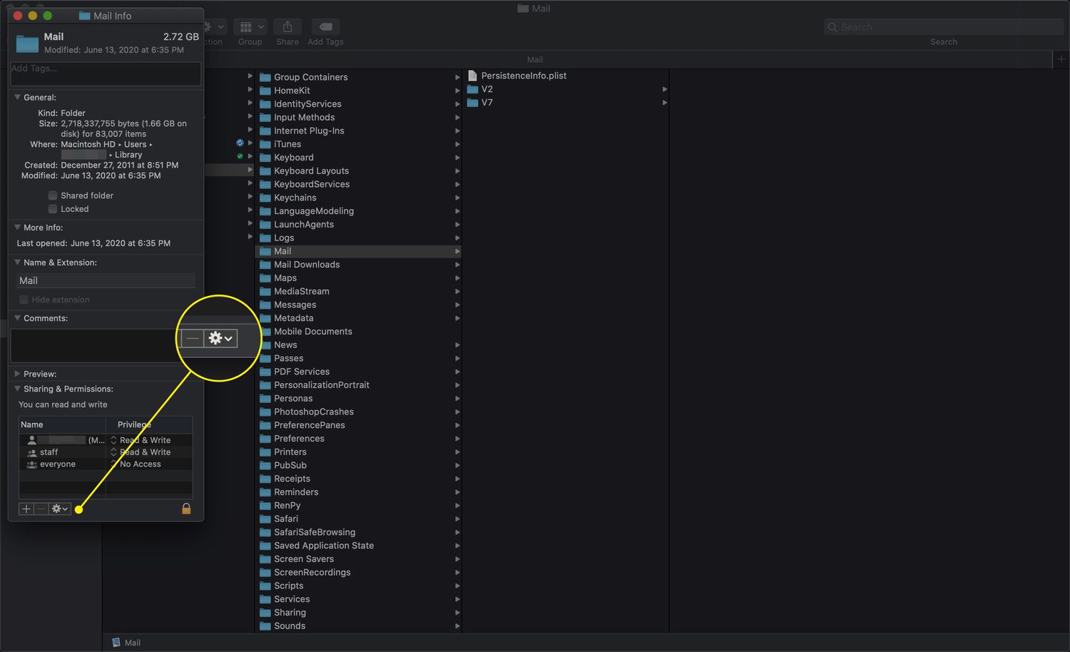 The Settings gear in the Get Info window