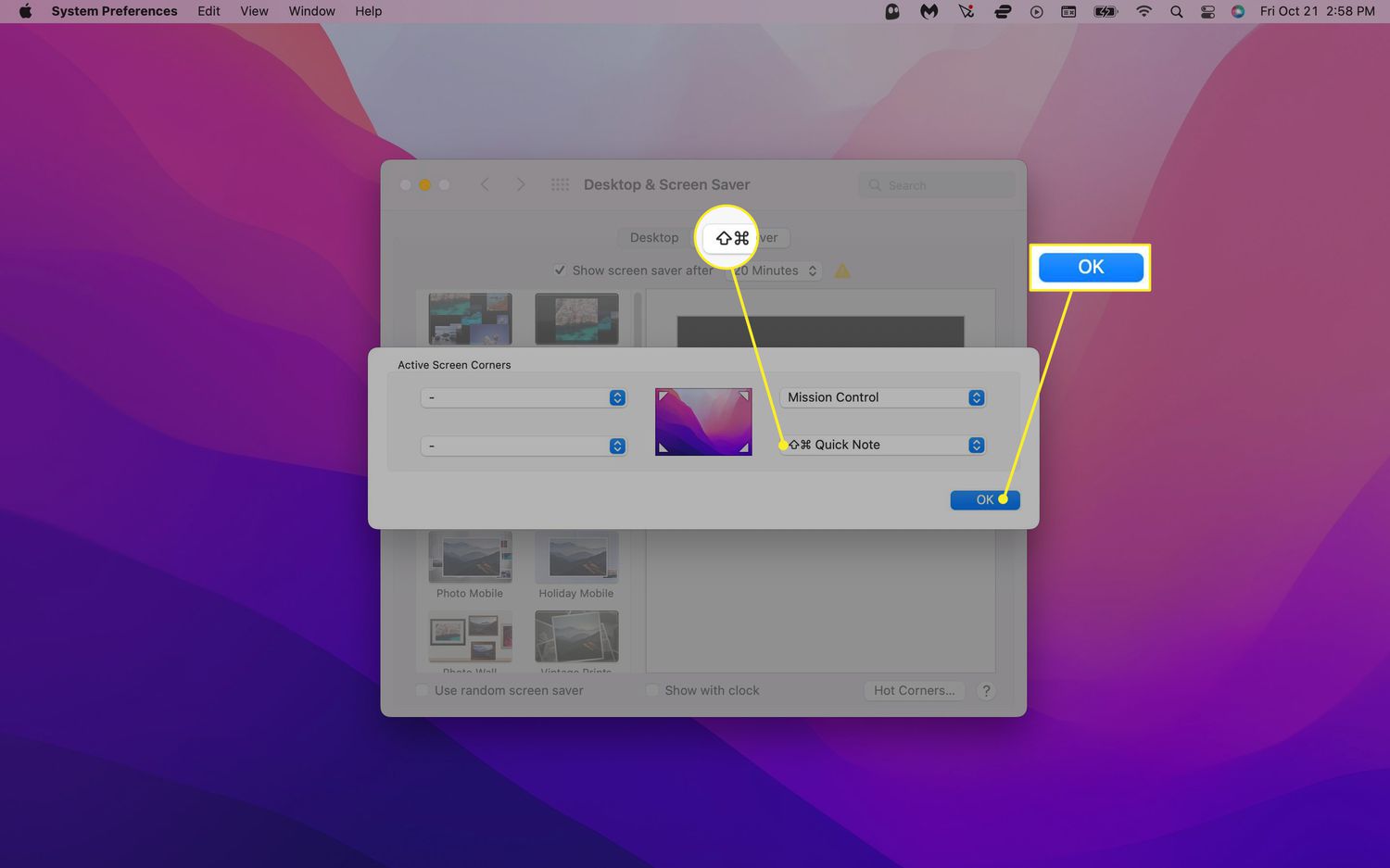 Shortcut key next to Quick Notes and OK highlighted in Mac hot corner settings