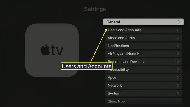 Users and Accounts highlighted on Apple TV.