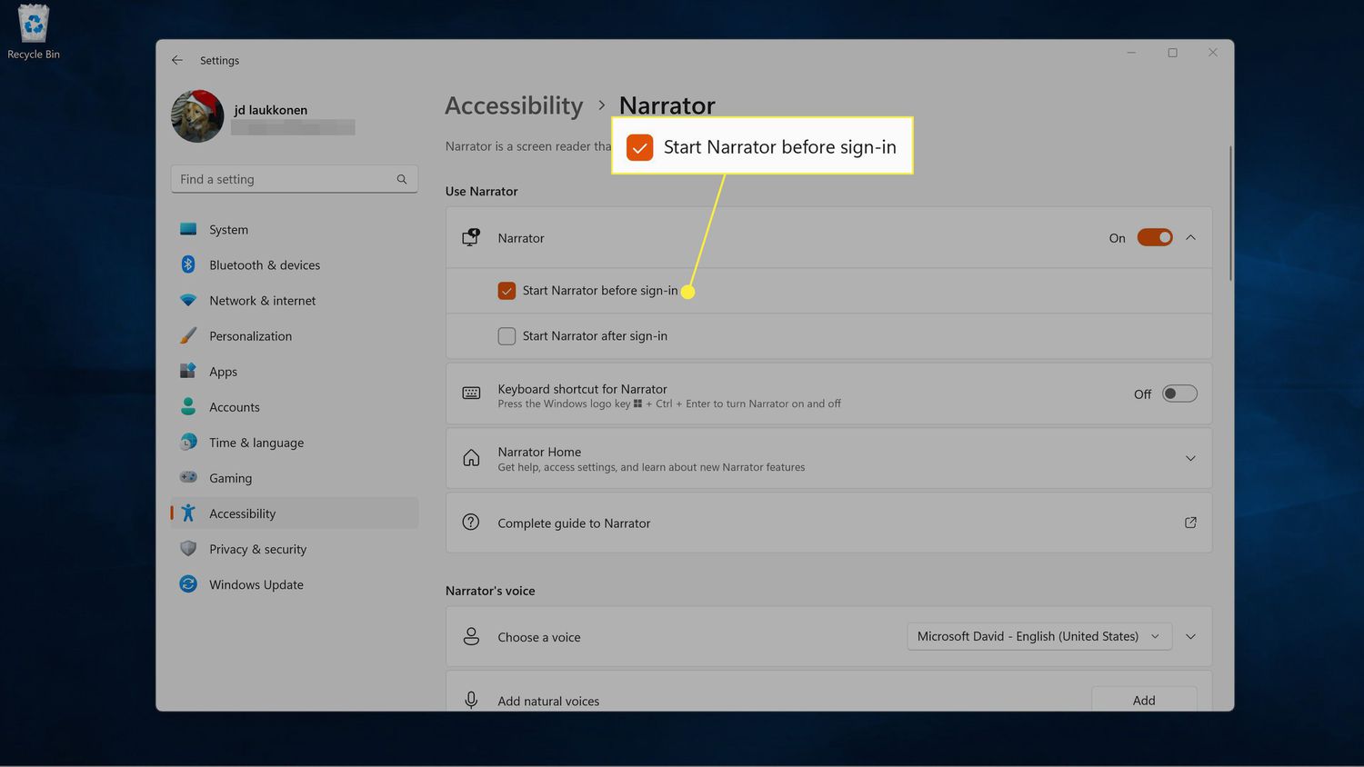 Start Narrator before sign-in highlighted in Windows 11 settings.