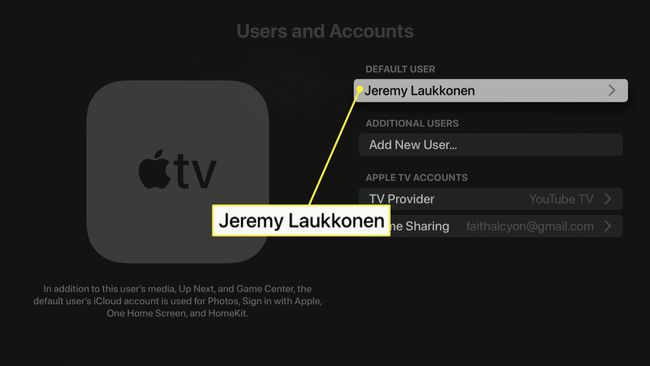 A user account name highlighted on Apple TV.