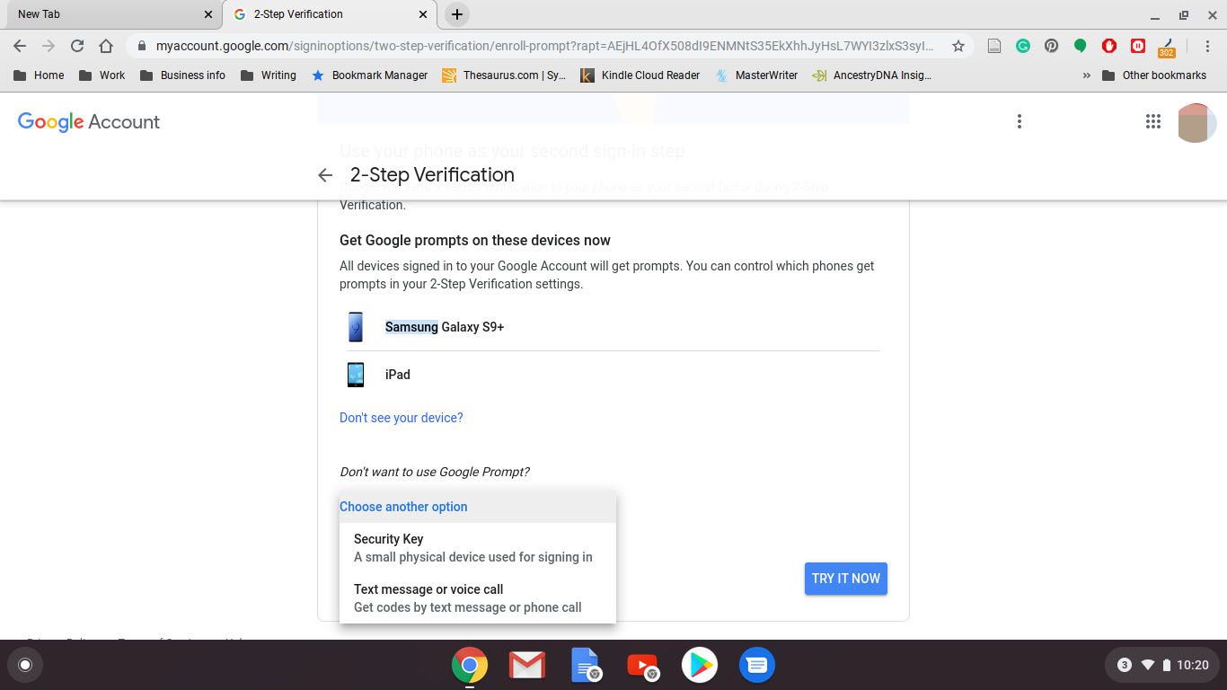 Selecting a device for 2-step verification in Google Chrome for Chromebook.