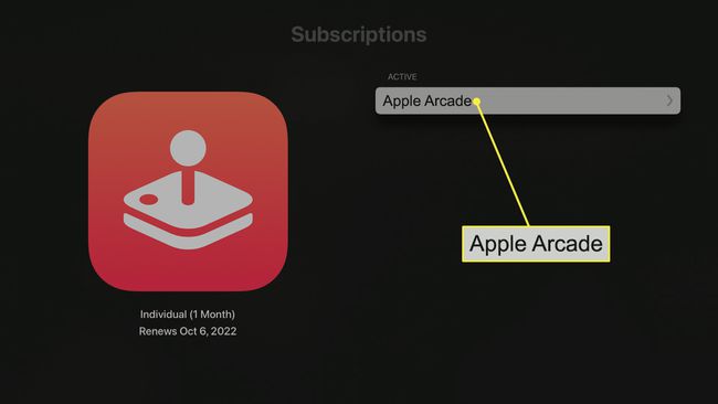 Apple Arcade highlighted in subscriptions on Apple TV.