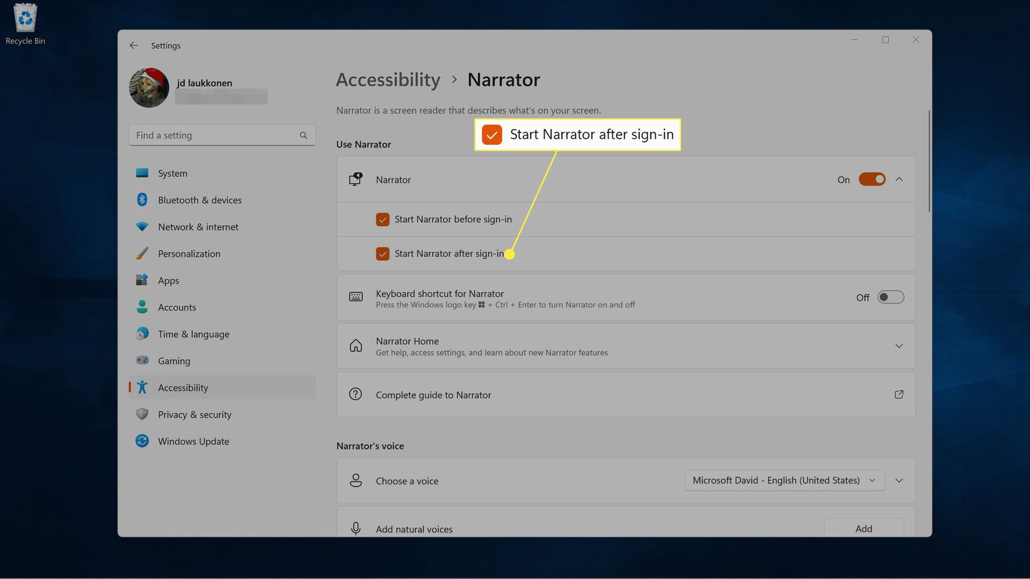 Start Narrator after sign-in highlighted in Windows settings.