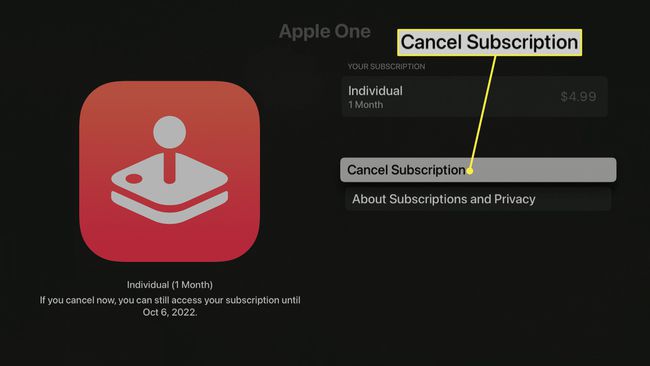 Cancel Subscription highlighted on Apple TV.