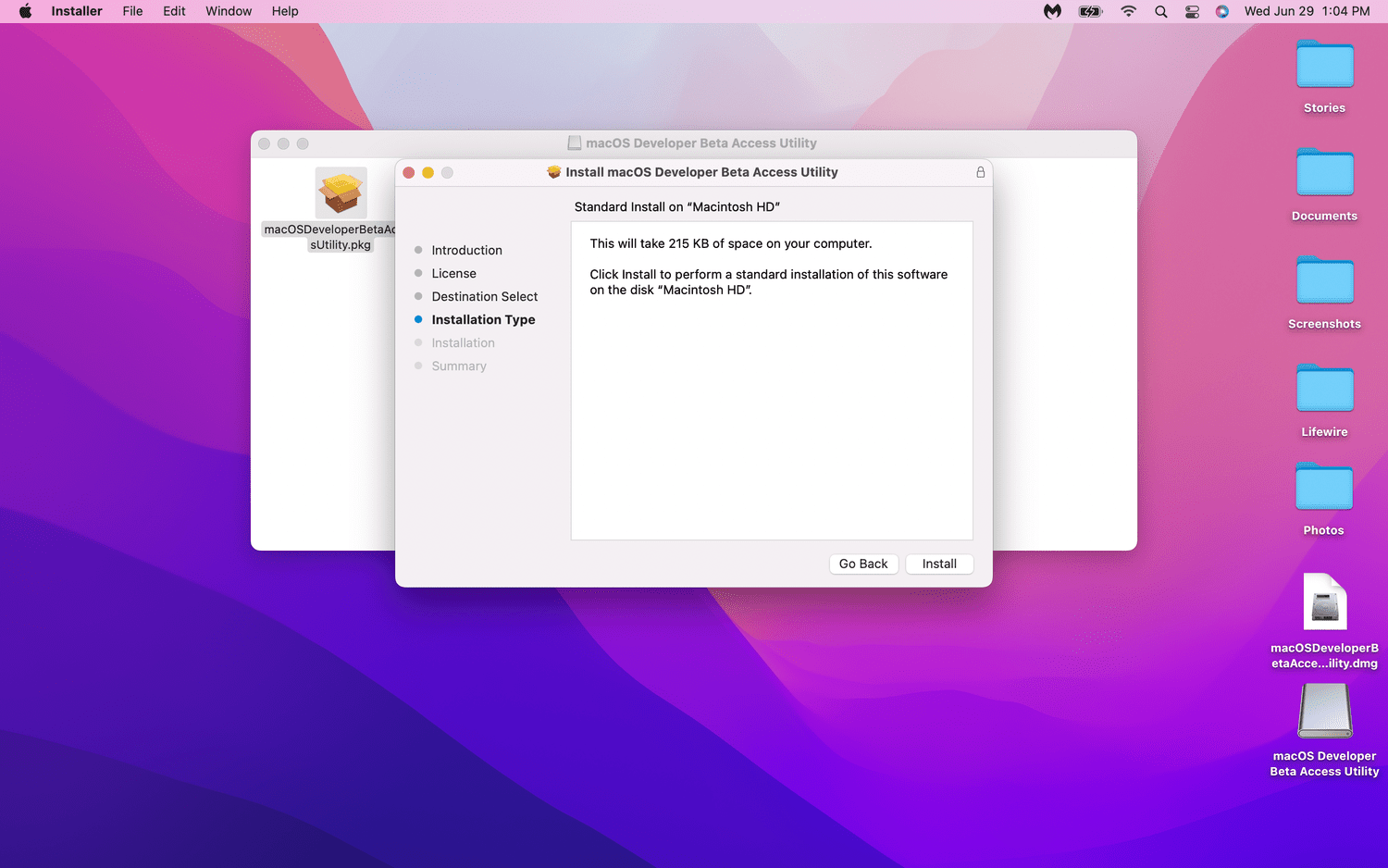 Install highlighted in an installation window on macOS.