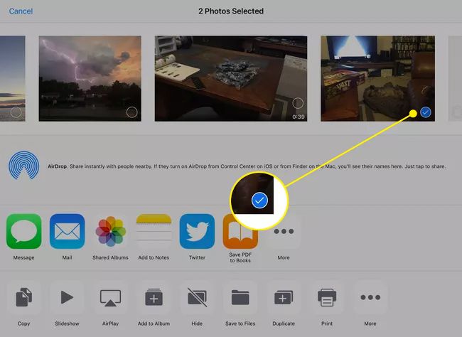 Share menu on an iPad with the blue check mark next to a selected photo highlighted