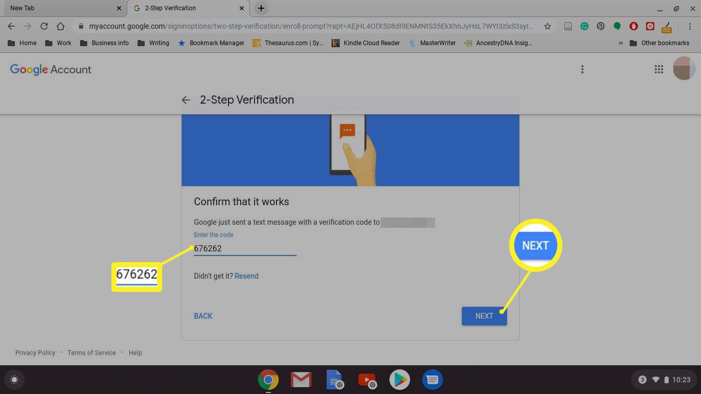 Entering a verification code in Google Chrome for Chromebook