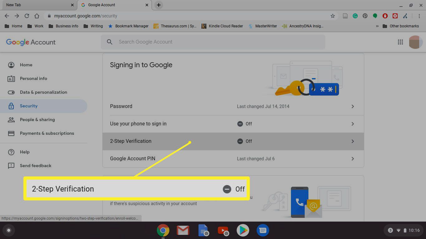 Selecting 2-step verification in Google Chrome for Chromebook