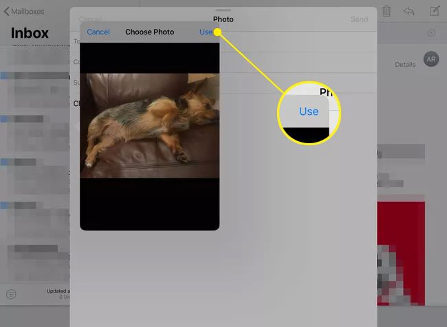 A photo selection window open in an email on an iPad with the Use button highlighted