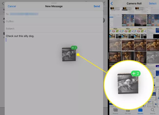 Mail and Photos open in Split View on an iPad with a stack of images moving to a new email