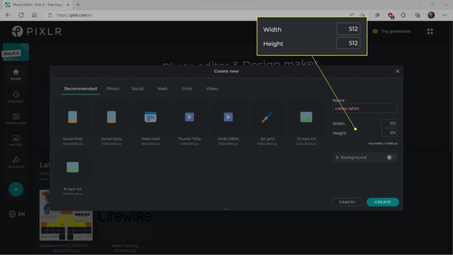 The width and height highlighted in creating a t-shirt template for Roblox.